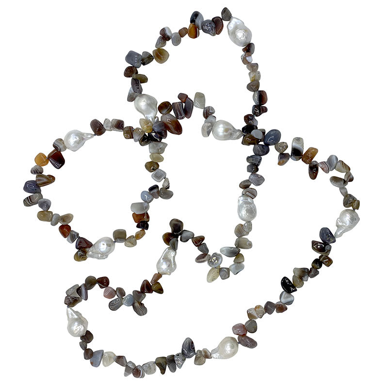 124-09 | BROWN AGATE & WILD PEARL NECKLACE 56”