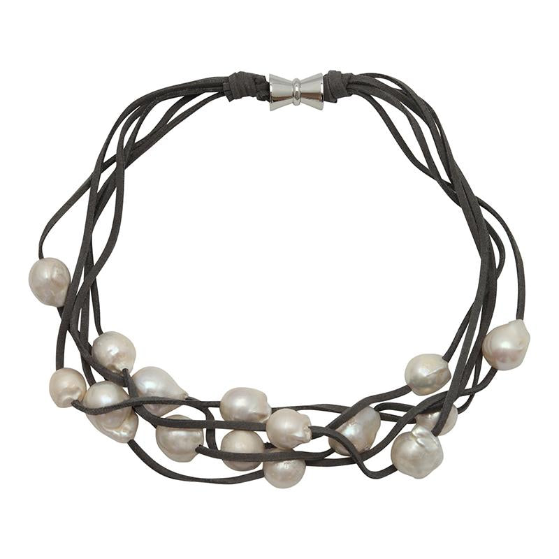 5-STRAND PEARLS ON SUEDE (WHITE ON GRAY)